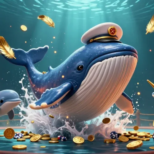 Giocare nei migliori casino online, un'illustrazione di una balena 3D che emerge da un mare di monete d'oro.