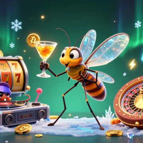 Engage in judi slot online with a vibrant scene featuring a mosquito mascot, trilobite DJ, and golden roulette for dynamic gaming.
