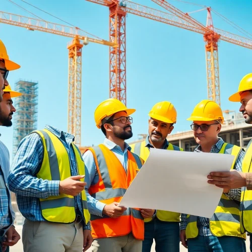 Engaged construction workforce development professionals strategizing on-site with plans.