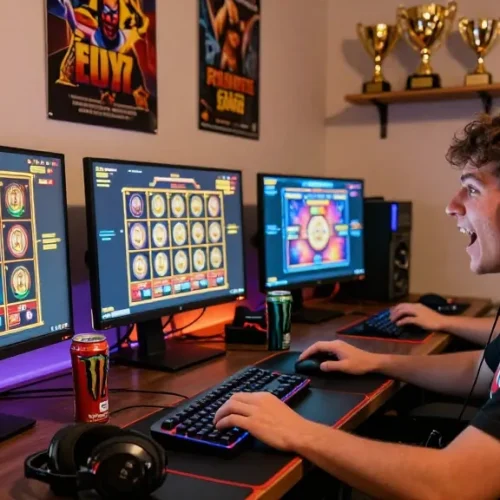 Exciting online gaming scene with slot gacor games on multiple screens, showcasing immersive gaming atmosphere.