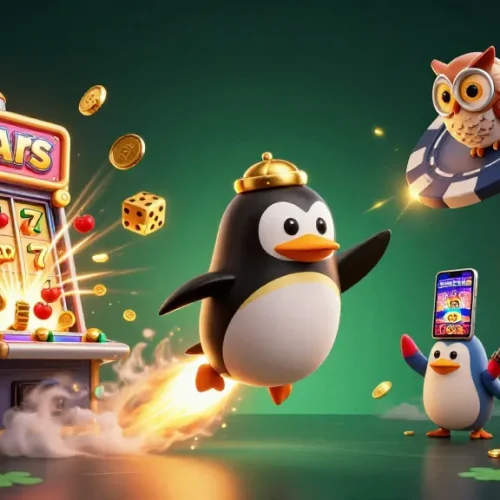 Experience Baccarat888 with engaging visuals of golden penguins and jackpots in a colorful casino scene.