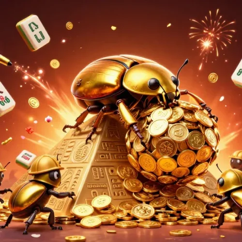 Découvrez le blackjack en ligne argent réel avec cette illustration captivante d’un scarabée doré et des symboles de casino.