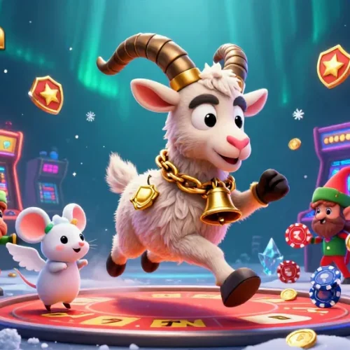 Play iwin and win exciting rewards in a vibrant holiday-horror casino scene illustration.