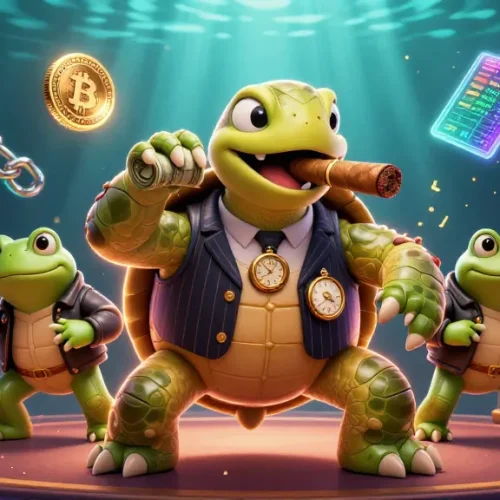 Gagnez avec les jeux au casino en ligne France, illustrant une tortue masquée et des grenouilles en action.