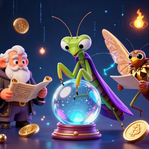 Mekar11 showcases a mystical casino scene with vibrant characters, Bitcoin, and Ethereum elements.