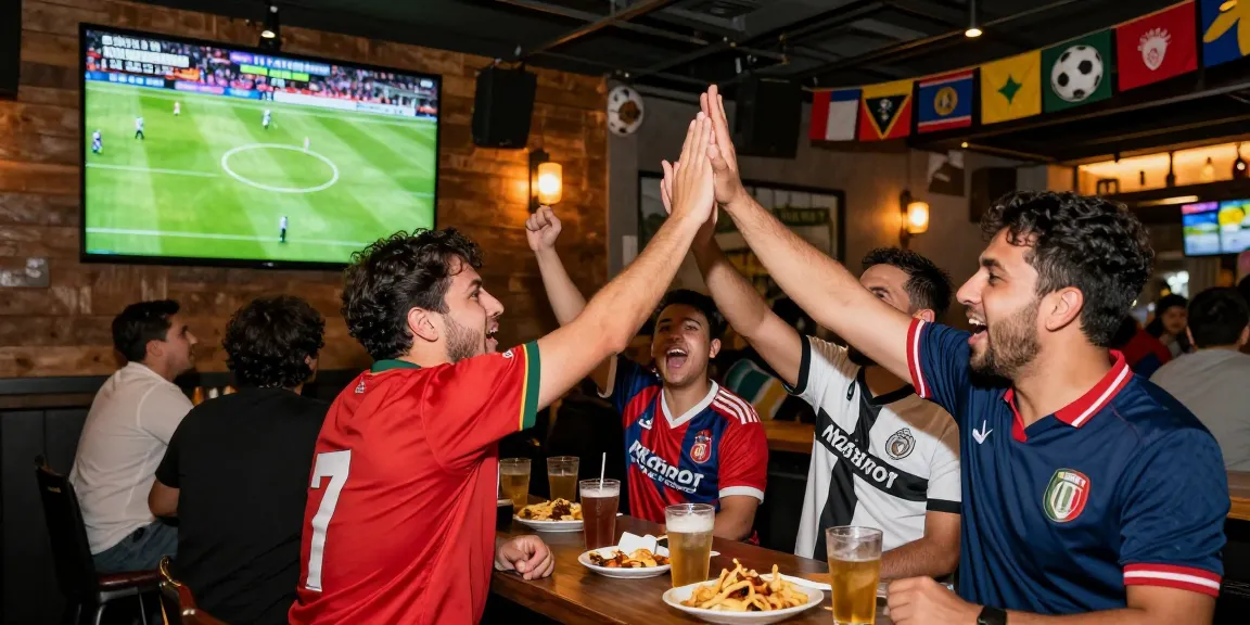 Penggemar nonton live bola di bar dengan suasana riuh dan tayangan HD.